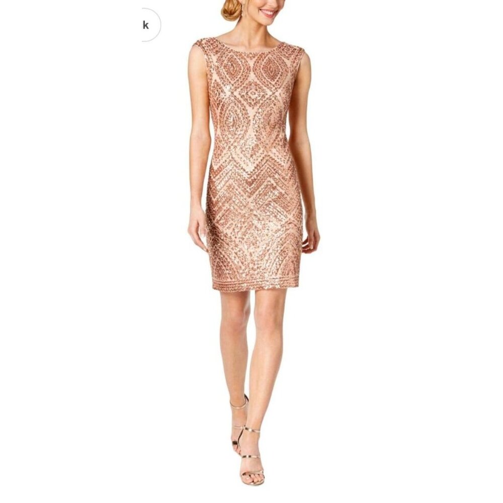 Vince Camuto Dress 14 Rose Gold Sequins Stretch Sheath Party Cruise Wedding NEW